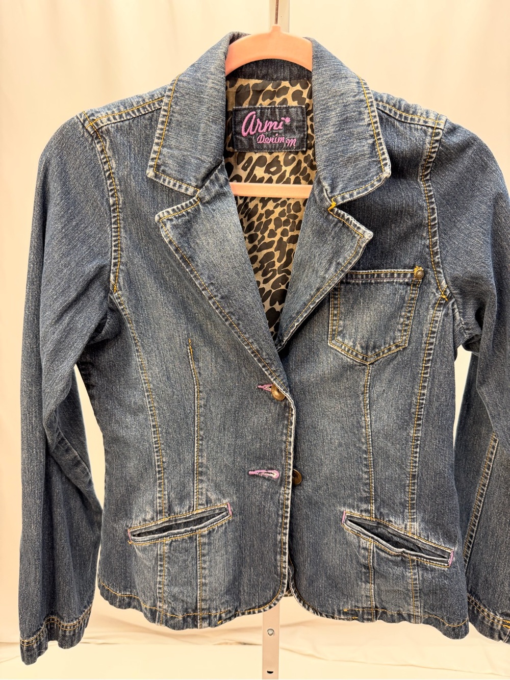 Y2K Armi Denim Blazer Jacket Leopard Lining Pink Stitching Size M